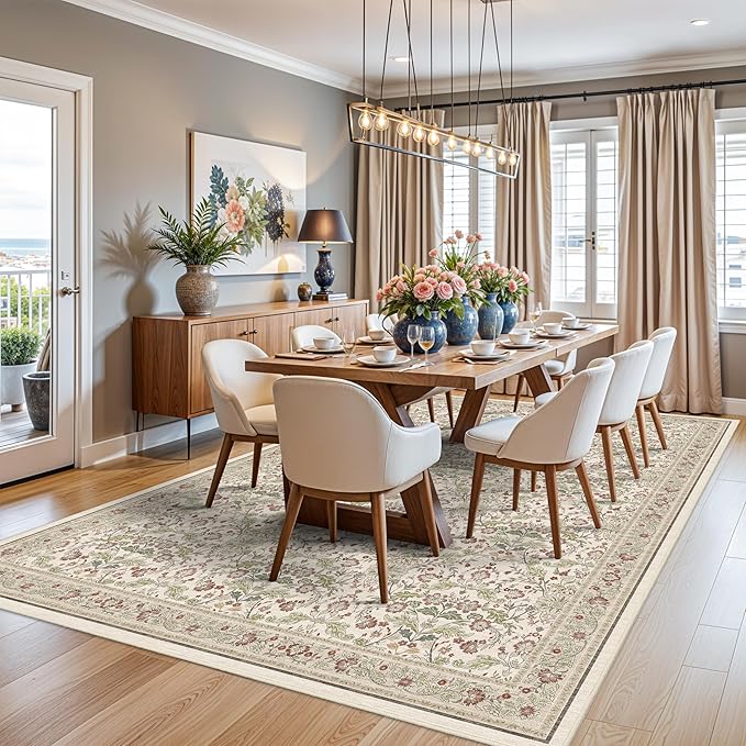 9x12 Area Rug Living Room: Washable Soft Oriental Floral Farmhouse Rugs - Non-Slip Backing Thin Stain Resistant Large Indoor Carpet for Bedroom (9x12 Off - White/Green/Multi)