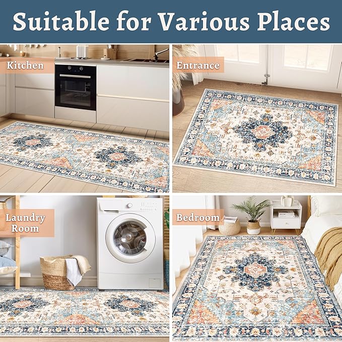 2x10 Washable Runner Rug for Hallways, Non Slip Vintage Runner Rug, Soft Low Pile Long, Print Distressed Blue/Orange Carpet Runners for Kitchen Bedroom Entryway Bathroom Living Room
