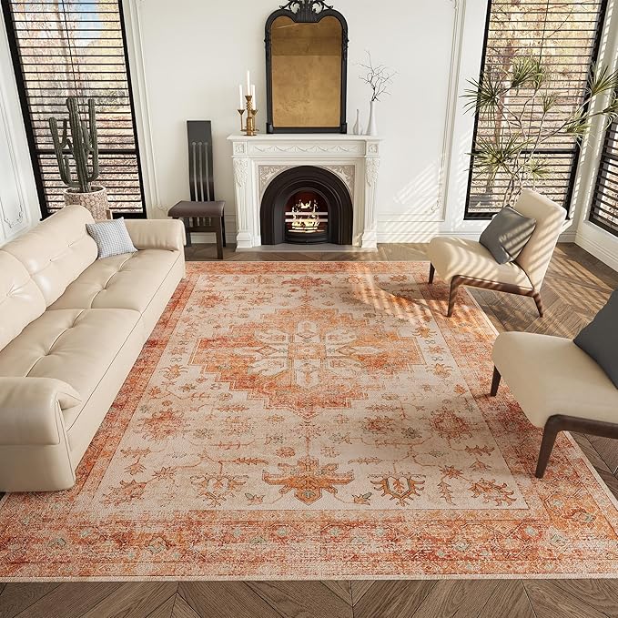 9x12 Rug, Washable Neutral Boho Modern Vintage Non Slip Floral Area Carpet, Low Pile Soft Rugs, Slip Resistance, Pet-Friendly, Durable Rug for Living Room, Bedroom, Kitchen, Dining Room