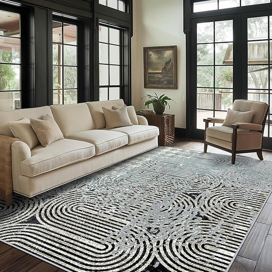 Bavni Area Rug, Non Shedding Washable Rugs 8x10, Durable Rugs for Living Room Dining Room, Aesthetic Abstract Rugs for Bedroom, Soft Non Slip Backing Rug (Gray Black)