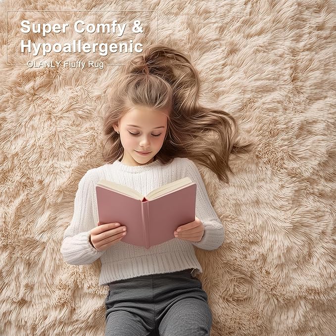 OLANLY Area Rugs for Living Room Bedroom, Machine Washable 4x5.9 Feet Soft Fluffy Shaggy Bedside Rug, Indoor Floor Carpet for Kids Girls and Boys, Dorms, Nursery Rooms, Home Decor Aesthetic, Beige