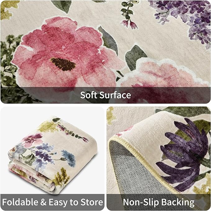 2x6 Runner Rug for Hallways Kitchen Machine Washable Boho Floral Rug Runner Non-Slip Soft Low Pile Long Floor Carpet Runner for Laundry, Bedroom, Entryway (Beige)