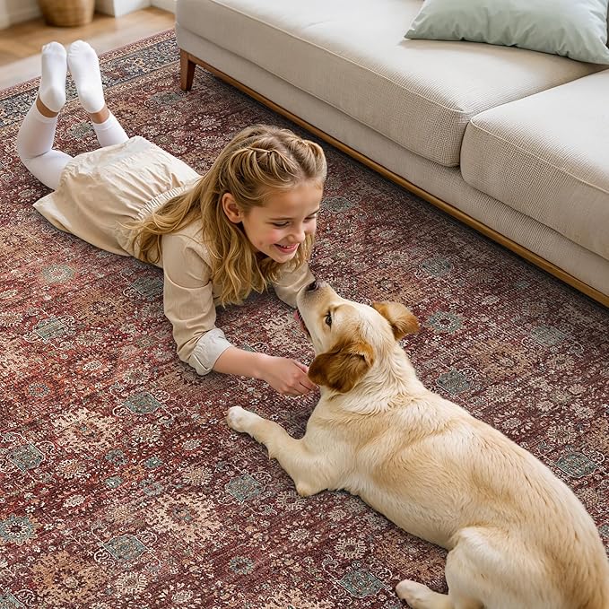 10X12 Area Rugs Machine Washable Rugs for Living Room, Vintage Boho Large Rugs for Bedroom Dining Room, Non Slip Indoor Soft Distressed Lightweight Thin Low Pile Carpet, Red Brown