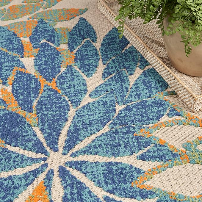 Nourison Aloha Indoor Outdoor Blue Green 5'3" x 7'5" Area Rug, Easy Cleaning, Non Shedding, Bed Room, Living Room, Dining Room, Backyard, Deck, Patio (5x7)