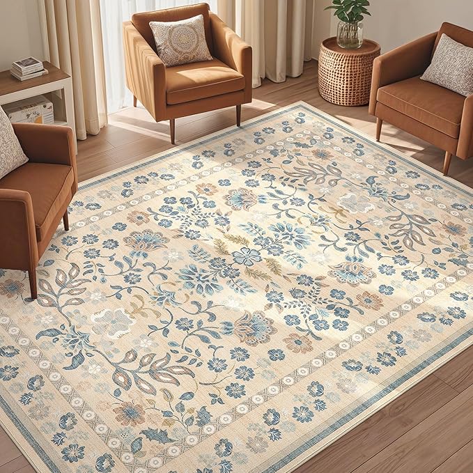 5x7 Area Rug Living Room Rugs - Washable Boho Vintage Floral Large Soft Non Slip Thin Rug Low Pile Carpet for Bedroom Dining Room Kids Playroom Office Decor Indoor- Multi Color