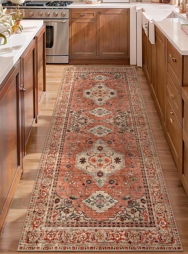Boho Runner Rug, 2x6 Washable Runner Rugs for Hallways, Non Slip Vintage, Soft Low Pile Long Rug,Distressed Terracotta Oriental Carpet Runners for Kitchen Bedroom Entryway Living Room