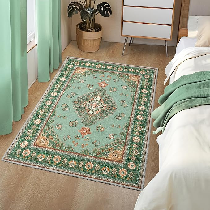 Tepook Small Rug for Entryway, Front Door Mat Indoor Entrance Rugs, Non-Slip Kitchen Carpet Vintage 2x3 Washable Rug, Low-Pile Throw Rugs for Entryway Bedroom Bathroom Foyer Cabinets, Green