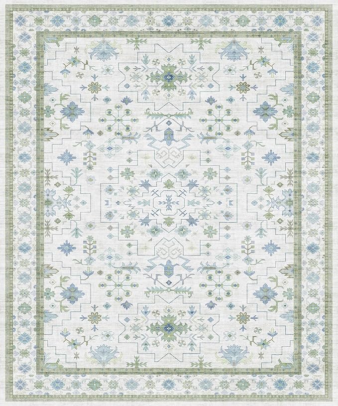 Washable Rugs for Living Room 10x12 - Cream Blue and Green Oriental Floral Geometric, Low Pile Non Slip Extra Large Area Rug for Dining Under Table, Bedroom, Lounge
