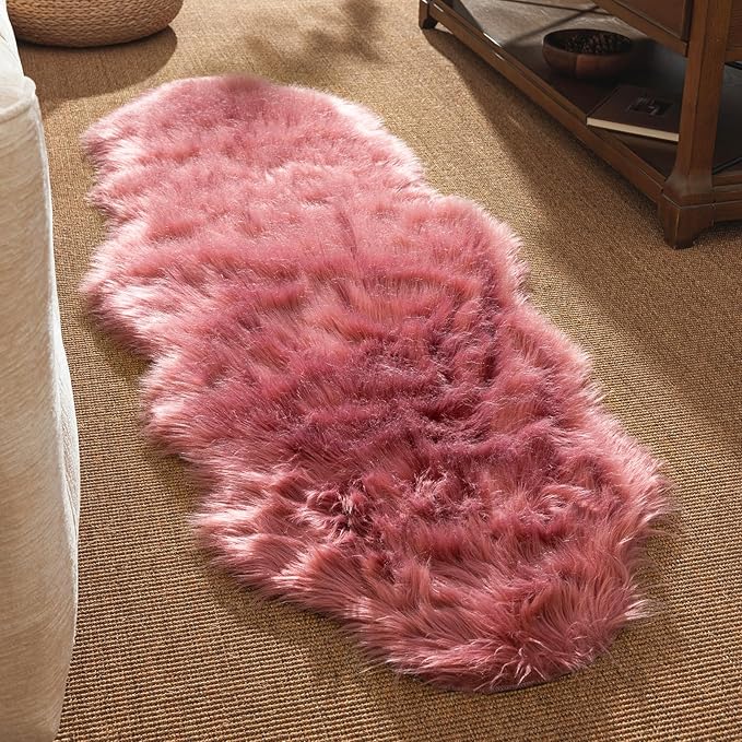 Ashler Faux Fur Rug, Fluffy Shaggy Area Rug Ultra Soft 2 x 6 Feet Sheepskin, Blush Pink Fuzzy Rug Machine Washable Shag Rug, Nursery Decor Throw Rugs for Bedroom, Kids Room, Living Room