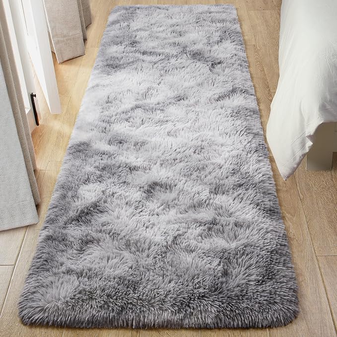Tepook Fluffy Runner Rugs for Bedroom Aesthetic 2x6 Feet, Shag Soft Bedside Rug with Non-Slip Bottom, Fuzzy Plush Carpet for Room, Hallway Rug for Nursery Dorm Indoor Home Decor, Tie-dye Light Grey