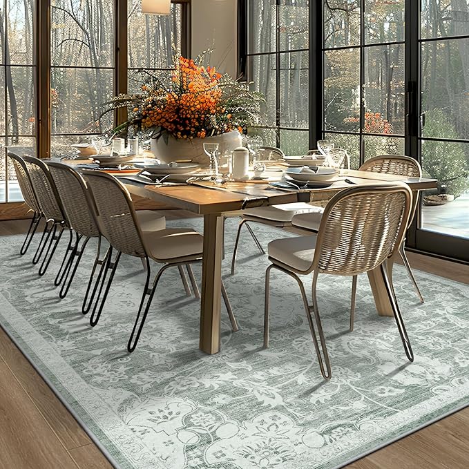 Washable Rugs 8x10 Area Rugs, Soft Vintage Living Room Rug with Anti-Skid Backing Stain Resistant Thin Indoor Carpet Large Area Rug for Bedroom Under Dining Room Table Nursery Entryway-Gray/Ivory