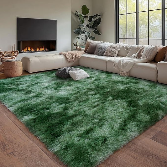 Tie-Dyed Green Fluffy Rug for Bedroom 9x12 ft Large Rug - Ultra Soft & Non Slip Shaggy Area Rug, Comfy Durable Carpet for Living Room Kids Room Teens Dorm Home Decor, 1.7'' Thick Indoor Carpets