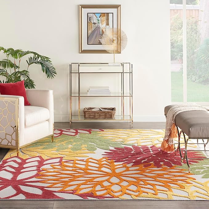 Nourison Aloha Indoor/Outdoor Red Multi Colored 7' x 10' Area Rug, Tropical, Botanical, Easy Cleaning, Non Shedding, Bed Room, Living Room, Dining Room, Deck, Backyard, Patio (7x10)