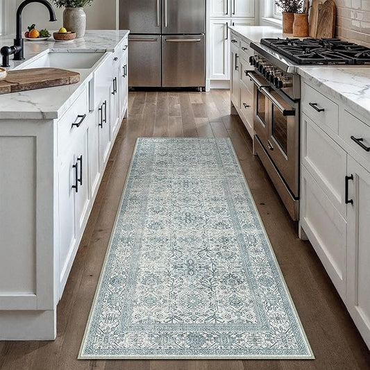 Blue Runner Rug 2x5 Vintage Area Carpet Hallway Indoor Kitchen Washable Living Room Low Pile Traditional Distressed Retro Accent Throw Rug Non Slip for Laundry Bathroom Office Dining Room
