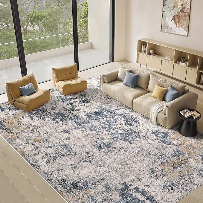 Area Rugs for Living Room: 7x9 Abstract Washable Rug Large Soft Stain Resistant Non-Slip Backing for Bedroom Dining Room Indoor Home Office Carpet for Kids Pet Friendly Families - Blue Brown