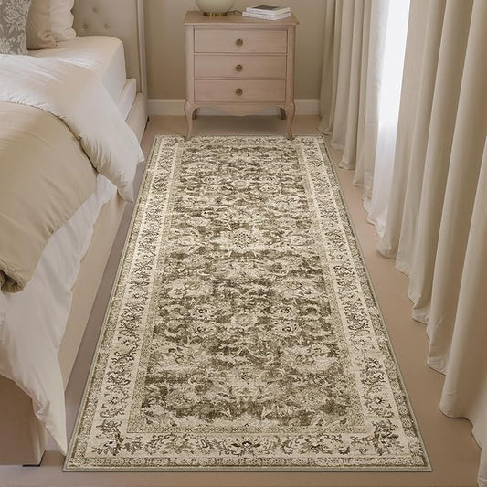 2x6 Washable Runner Rug Brown Neutral Carpet for Kitchen Hallway Floral Distressed Non-Slip Low Pile Soft Lightweight Vacuumable Throw Rug for Bathroom Bedroom Office Laundry