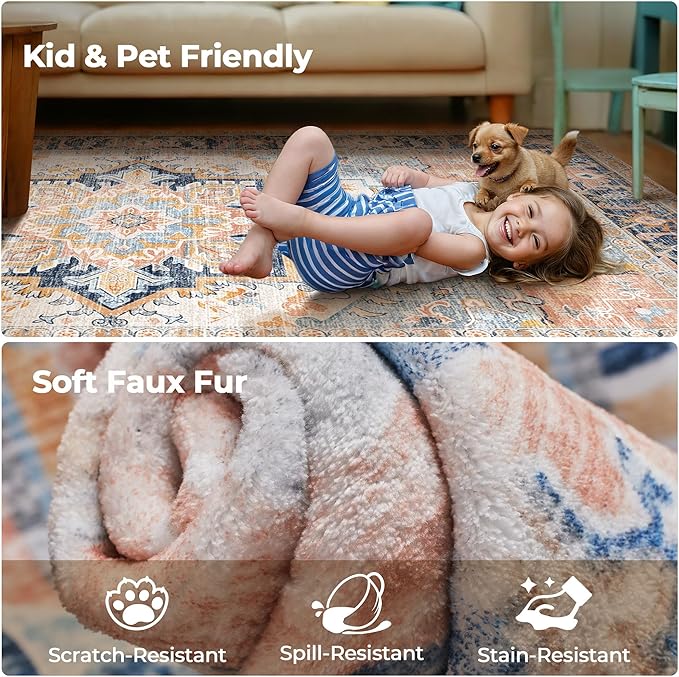 Washable Area Rugs 8x10 Living Room Boho Non Slip Thin Carpet Stain Resistant Vintage Multicolor Printed Oriental Distressed Rug for Bedroom Low Pile