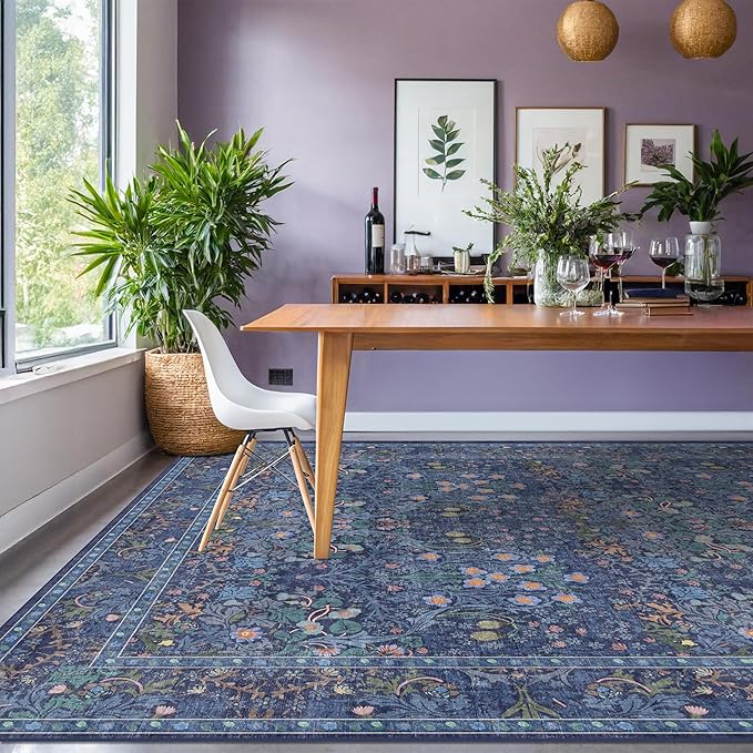 Vintage Dark Blue Living Room Rug, 8x10 Washable Area Rugs for Bedroom, Dining Room Rugs Under Kitchen Table, Oriental Low Pile Stain Resistant Non-Slip Large Rug