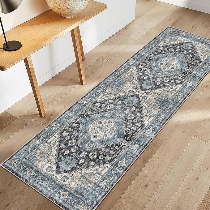 2x6 Washable Runner Rug Non Slip Long Bathroom Hallway Runner Rug Blue Vintage Boho Area Rug Soft Carpet for Bedroom Kitchen Laundry Entryway