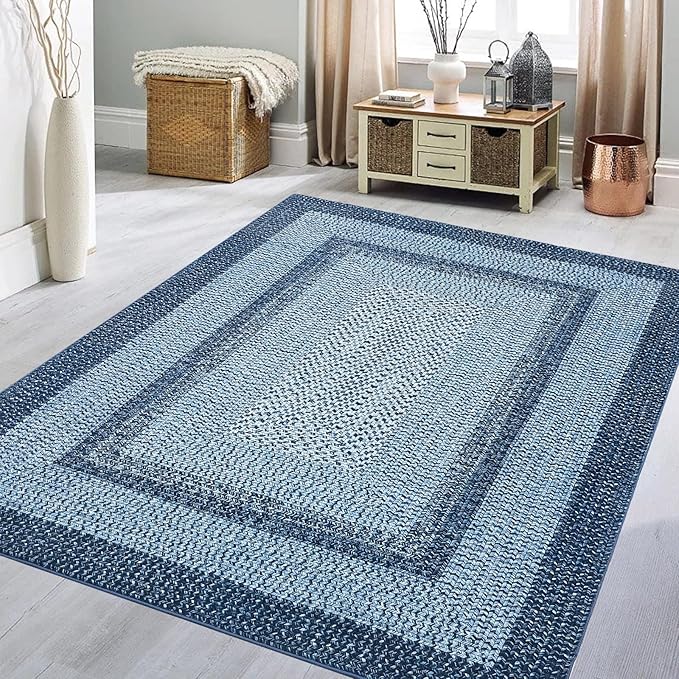 Printed Braided Pattern Washable Rugs 3x5 Rug for Living Room Modern Rug for Bedside Farmhouse Non Slip Entryway Rug Soft Stain Resistant Carpet for Nursery Entrance Dining Room 3'x5' Blue