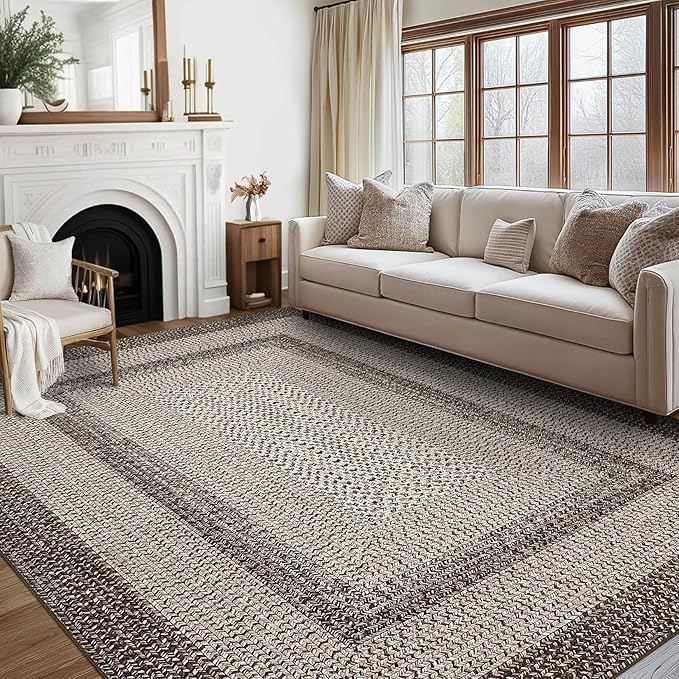 Imitation Braided Collection-Print Large Washable Rug 9x12 Non-Slip Area Rugs for Living Room, Natural Bordered Carpet, Stain Resistant Thin Foldable Floor Cover for Nursery Dining Room