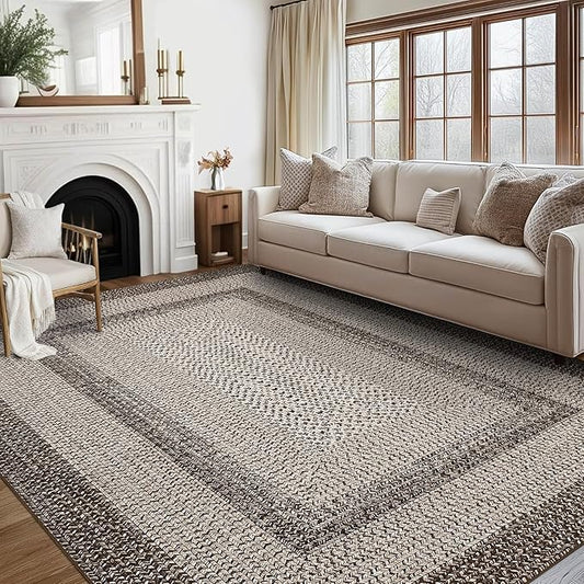 Imitation Braided Collection-Print Large Washable Rug 9x12 Non-Slip Area Rugs for Living Room, Natural Bordered Carpet, Stain Resistant Thin Foldable Floor Cover for Nursery Dining Room