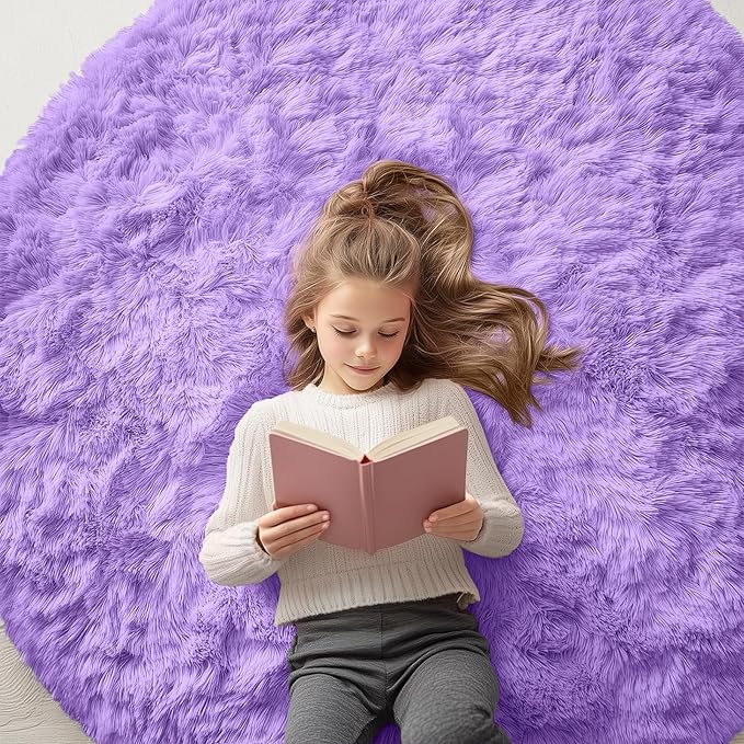 OLANLY Purple Round Rugs for Bedroom - Machine Washable, 5x5 Feet Circle Area Rugs for Living Room, Soft and Fluffy Shaggy Carpet for Teen Girls and Boys, Dorms, Nursery Rooms, Home Decor Aesthetic