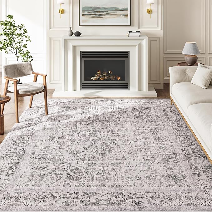Black Area Rug 9x12 Machine Washable Large Vintage Living Room Distressed Non Slip Carpet Traditional Indoor Bedroom Retro Floral Accent Throw Rug for Office Kitchen Dining Room
