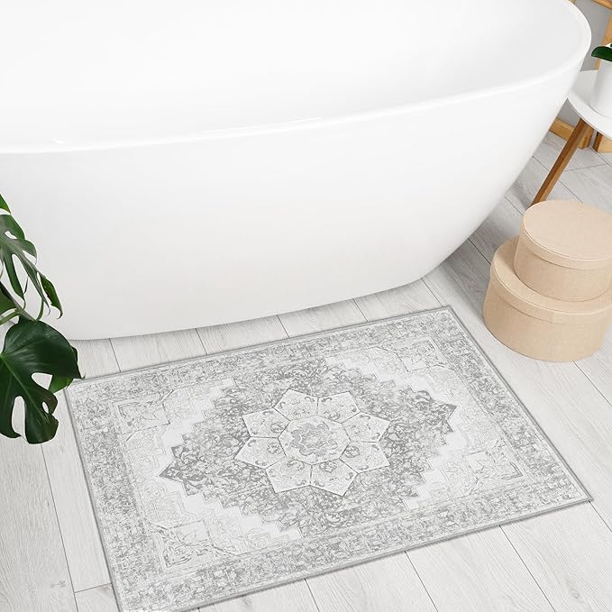 Washable Area Rug 2x3 Boho Entryway Rug Non Slip Small Vintage Rug for Entryway Door Mat Oriental Distressed Low-Pile Floor Carpet Rug for Indoor Front Entrance Kitchen Bathroom Hallway, Grey
