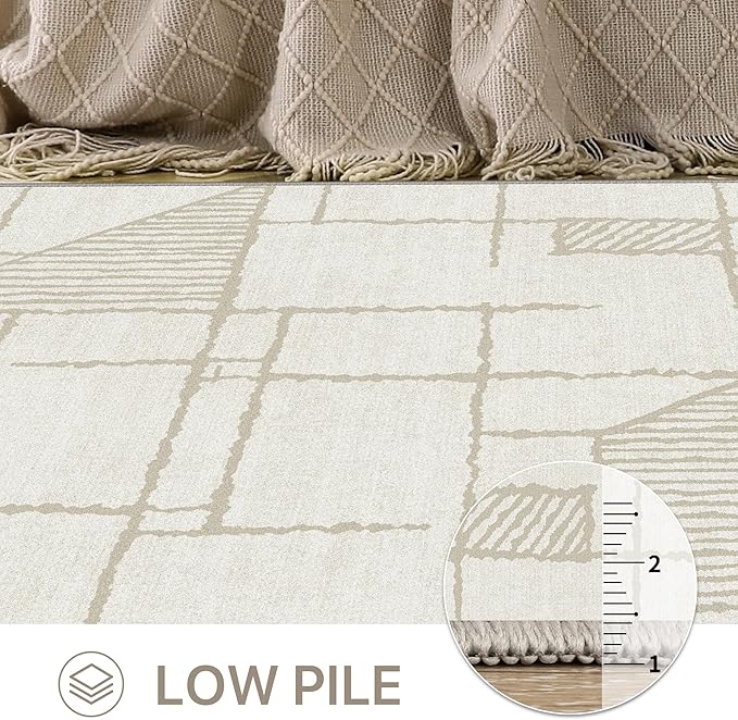 Bavni 5x7 Rug, Abstract Machine Washable Rug Non-Slip, Soft Modern Lightweight Area Rug, Stain Resistant Rugs for Living Room, Bedroom, Dining Room, Abstract Cream