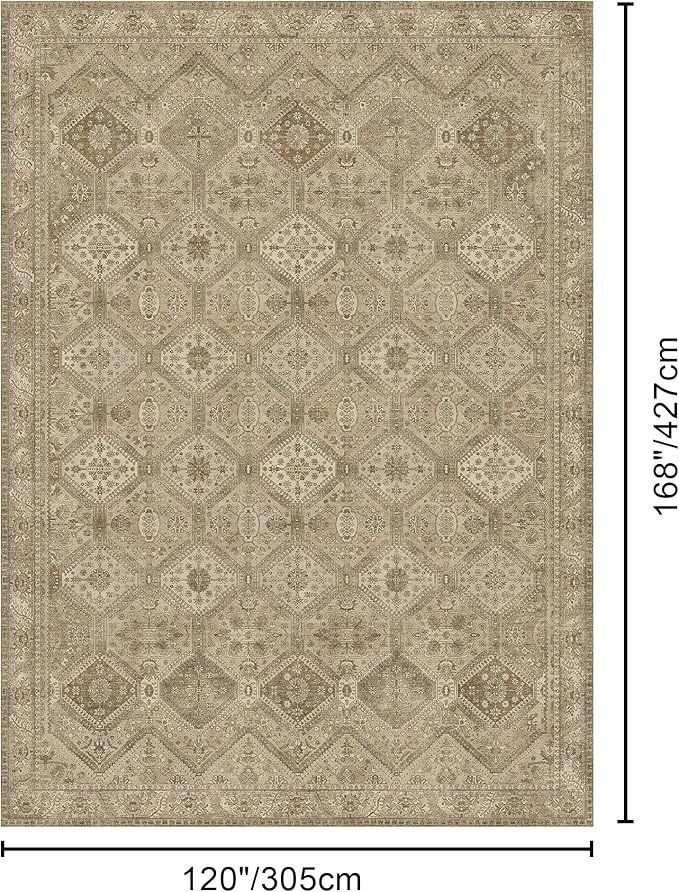 Bavni 10x14 Area Rugs for Living Room, Machine Washable Rug Non Slip, Vintage Chenille Distressed Print Carpet, Large Low Pile Ultra-Thin Lightweight Rugs for Bedroom, Dining Room, Office, Nut Brown
