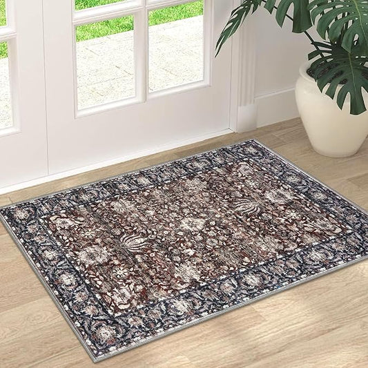 Small Area Rug 2x3 Entryway Doormat Floral Machine Washable Low Pile Non Slip Throw Rug for Kitchen Bedroom Laundry Room, Brown