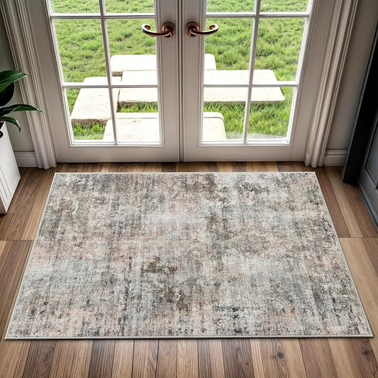 2x3 Abstract Washable Rugs for Kitchen, Floor, Entryway, Powder Room Small Area Rug Non-Slip Vintage Low Pile Throw Door Mat Pink Brown Pink