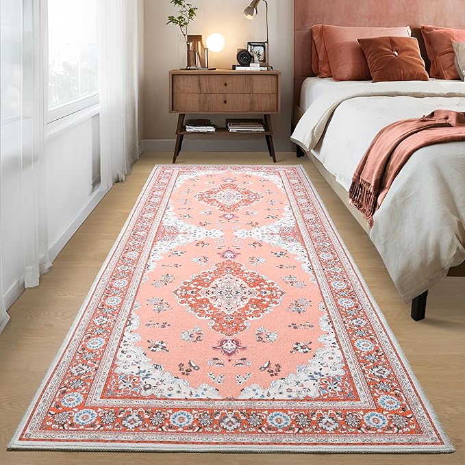 Tepook 2x6 Vintage Runner Rug - Low Pile Washable Non-Slip Carpet for Hallway, Kitchen, Bedroom, Entryway, Laundry Room, Bathroom - Indoor Throw Rug in Red