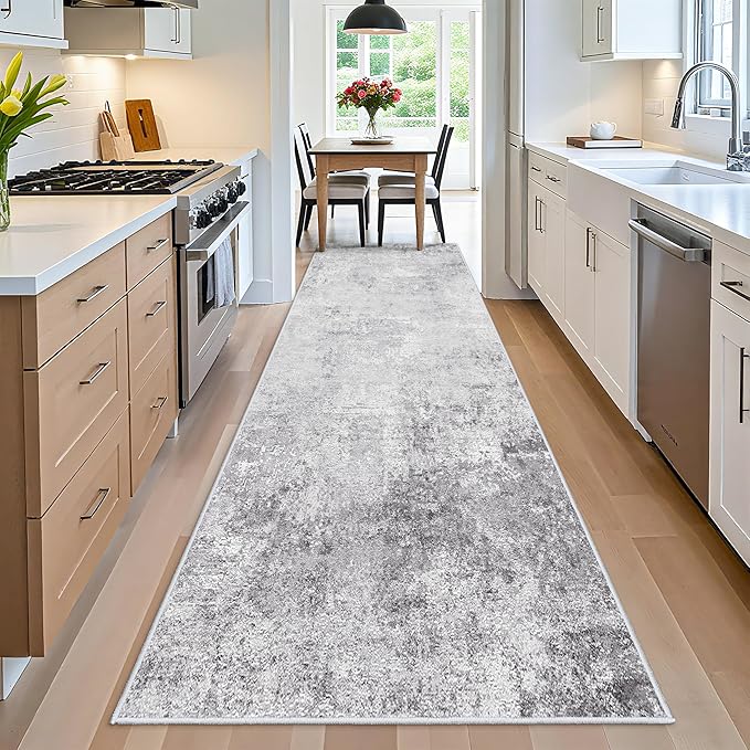 Washable Wide 4x12 Runner Rug - Abstract Runner Rugs for Living Room Stain Resistant Entryway Indoor Carpet for Kitchen Bedroom Non Slip Rubber Backing Ultra Thin Soft Home Decor Floor Mat 4x12 Grey