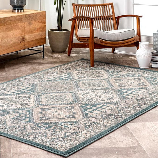 nuLOOM 9x12 Becca Traditional Tiled Area Rug, Blue, Faded Transitional Design, Stain Resistant, For Bedroom, Dining Room, Living Room, Hallway, Office, Kitchen, Entryway