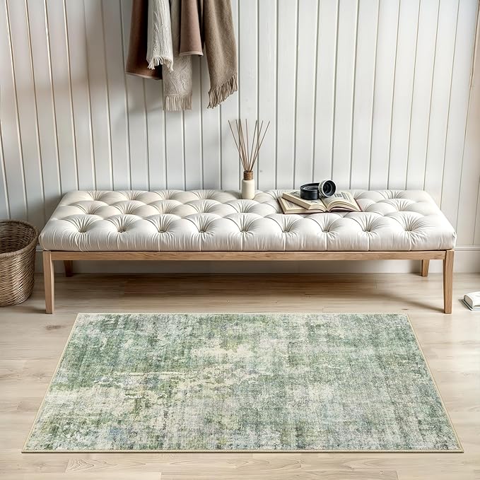2x3 Abstract Washable Rugs for Kitchen, Floor, Entryway, Powder Room Small Area Rug Non-Slip Vintage Low Pile Throw Door Mat Green Ivory