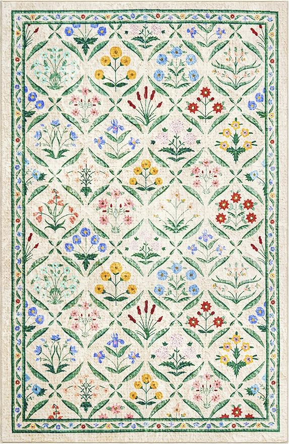 Vintage Floral Entryway Rug Washable, Thin Pile Oriental Distressed 5x7 Indoor Carpet Stain Resistant, Country Boho Flowers Cute Green Area Rug for Bedroom Dining Living Room Kitchen Nursery Dorm