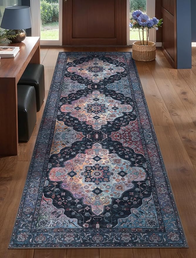 2.6x8 Washable Runner Rug for Hallways, Non Slip Vintage Runner, Soft Low Pile Long Rug Runner, Print Distressed Navy Carpet Runners for Kitchen Bedroom Entryway Bathroom Living Room