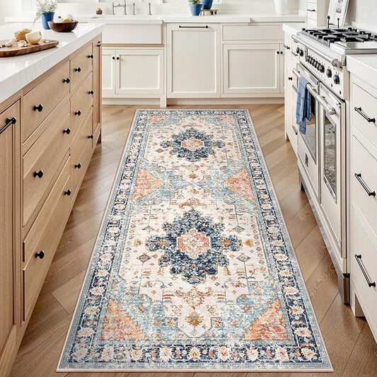 Blue/Orange Vintage Washable Non-Slip Runner Rug - 2x6 Soft Low Pile for Hallways, Kitchen, Bedroom, Entryway, Bathroom, Living Room