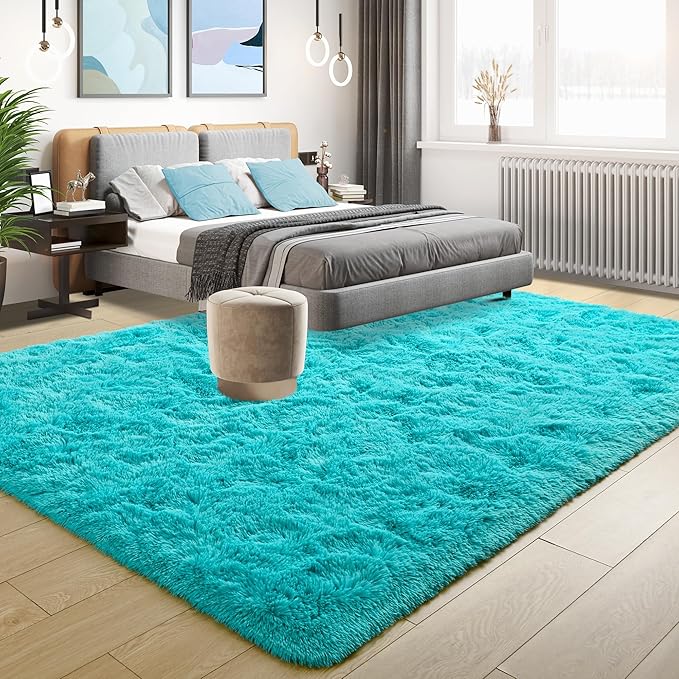Tepook Super Soft Fluffy Rug for Bedroom, Modern Shaggy Rug Fuzzy Kids Rug for Living Room, Plush Indoor Nursery Home Decor Rug with Non-Slip Bottom, Teal Blue, 6 X 9 Feet