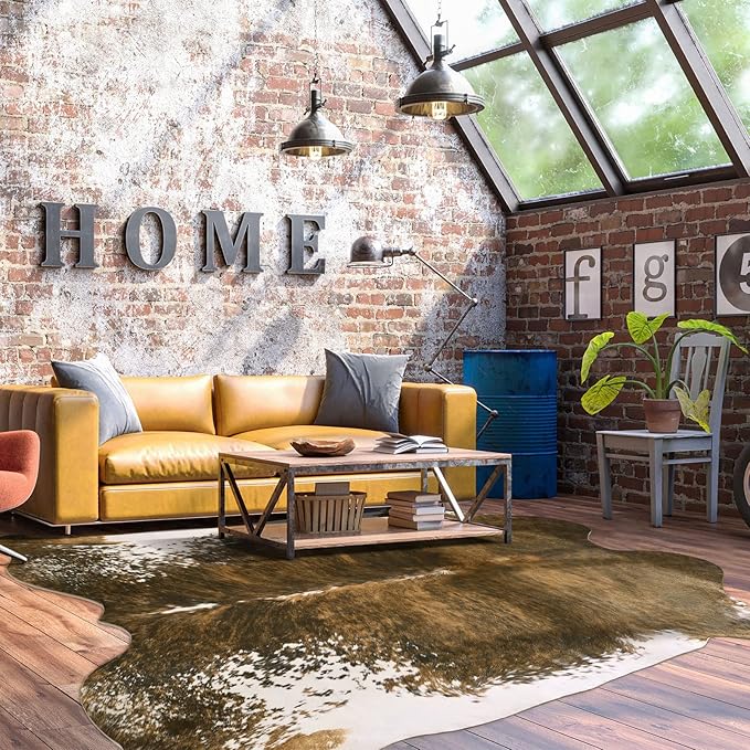 BENRON Faux Cowhide Rug, Western Cow Hide Rugs for Living Room Bedroom Home Decor, Non Slip Cute Rug with Irregular Animal Skins and Hides, Olive Green, 4.6 x 5.2ft