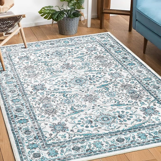 3x5 Area Rugs Washable Boho Rug, Non Slip Carpet for Living Room, Boho Vintage Design Rug, Foldable Soft Low-Pile Rug, Blue/Floral