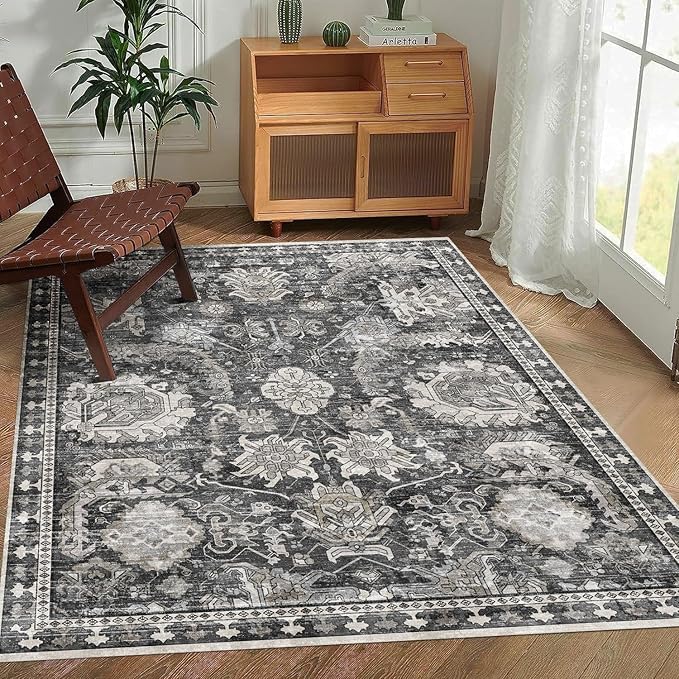 5x7 Washable Area Rugs - Perfect Resistant Rug for Living Room, Bedroom, Kids Room, Nursery - Stain & Water Resistant Non-Slip, Pet & Child Friendly, Vintage Tribal Area Rugs (Grey, 5'x7')
