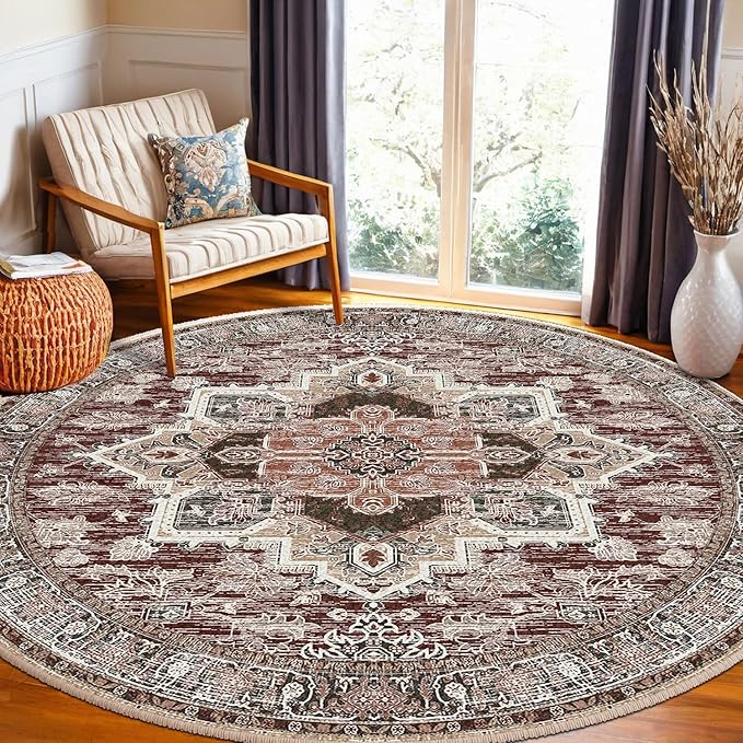BESTSWEETIE 6ft Area Rugs for Living Room Washable Non Slip Carpet Low Pile Soft Vintage Print Pattern Rug for Bedroom Dining Room Kitchen Entryway Indoor-Wine/Brown/Brick/Black/Light tan