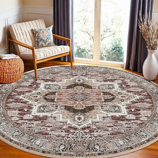 BESTSWEETIE 6ft Area Rugs for Living Room Washable Non Slip Carpet Low Pile Soft Vintage Print Pattern Rug for Bedroom Dining Room Kitchen Entryway Indoor-Wine/Brown/Brick/Black/Light tan