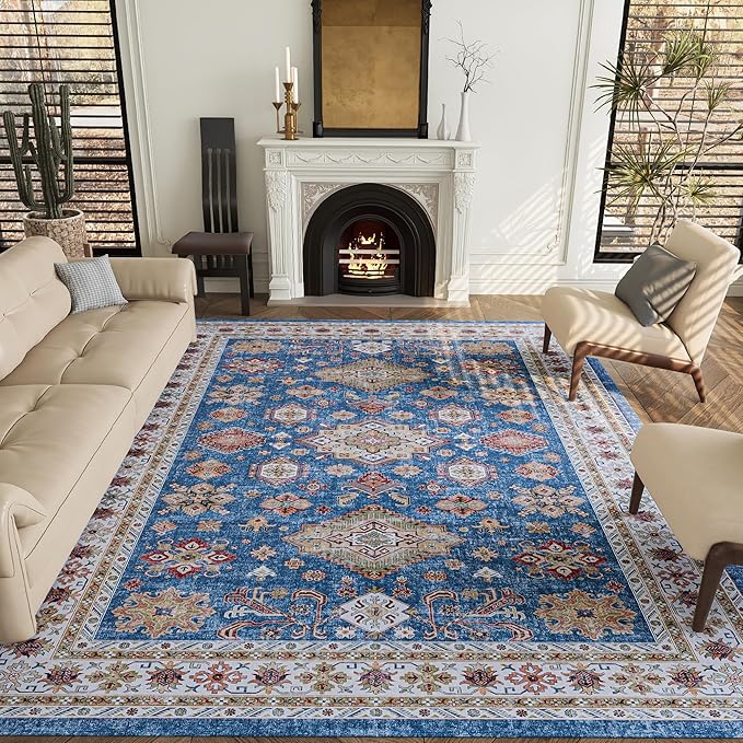 8x10 Rug, Washable Neutral Boho Modern Vintage Non Slip Floral Area Rugs, Low Pile Soft Rugs, Area Rugs, Slip Resistance Carpet, Pet-Friendly Carpet, Durable Rug for Living Room, Bedroom