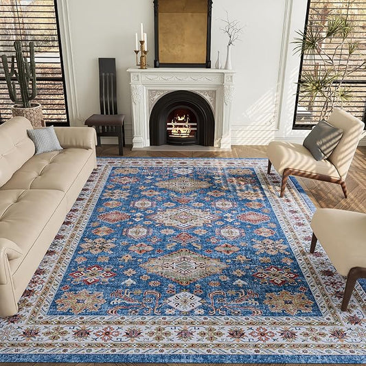 8x10 Rug, Washable Neutral Boho Modern Vintage Non Slip Floral Area Rugs, Low Pile Soft Rugs, Area Rugs, Slip Resistance Carpet, Pet-Friendly Carpet, Durable Rug for Living Room, Bedroom