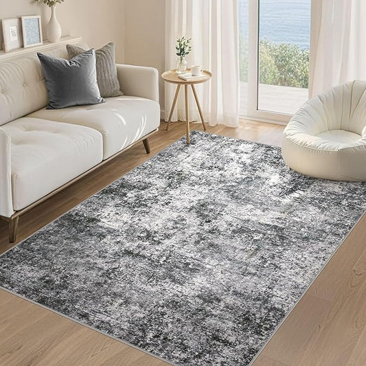 Washable Area Rug: 3x5 ft Abstract Small Rugs for Entryway Kitchen Living Room Bedroom - Non Slip Modern Neutral Carpet Indoor Front Door - Grey