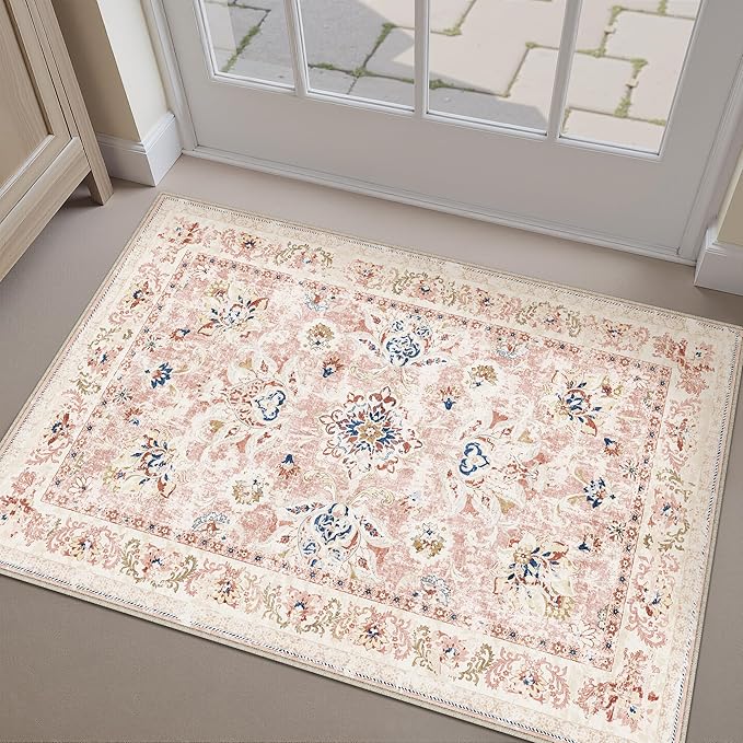 2x3 Washable Area Rug Pink Neutral Carpet for Entryway Floral Distressed Non-Slip Low Pile Soft Lightweight Vacuumable Throw Rug Small Door Mat for Kitchen Entrance Bathroom